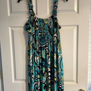 Blue, black, lime green dress